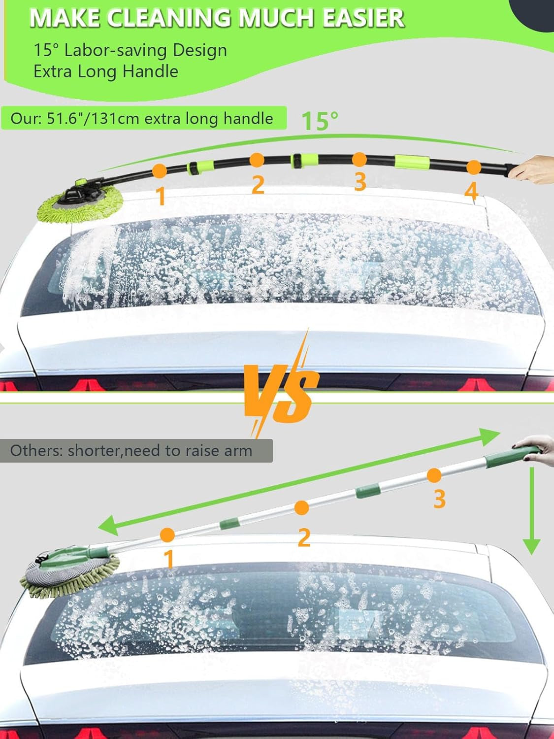 4 Sections 15°Car Wash Brush 51.6” 131Cm with Telescopic Aluminum Alloy Long Handle Denser Chenille Microfiber Detail Washing Mop for Exterior Interior Car RV SUV Truck Boat Solar Panel House Clean
