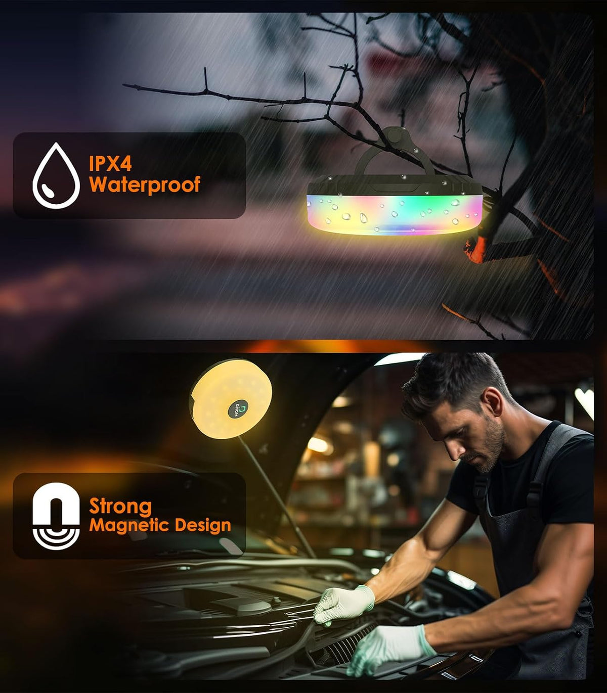 Camping String Light 32.8Ft, 4-In-1 Rechargeable LED Fairy Lights with 8 Modes & Power Bank, Waterproof Retractable Portable Light for Outdoor Garden Camping BBQ Christmas Decoration