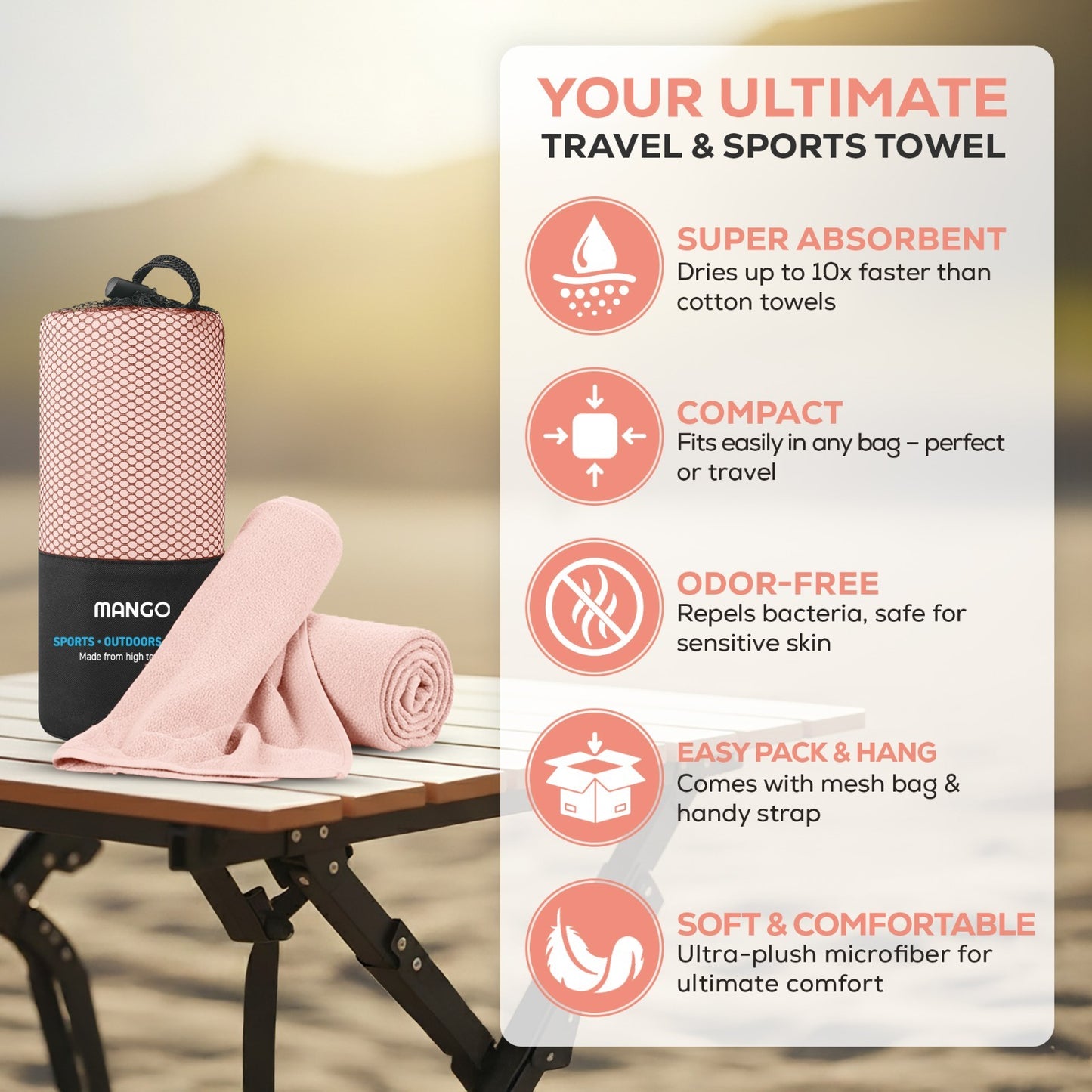 Pink compact travel towel for van life, camping & sports — super absorbent, odor-free, soft microfiber with mesh bag