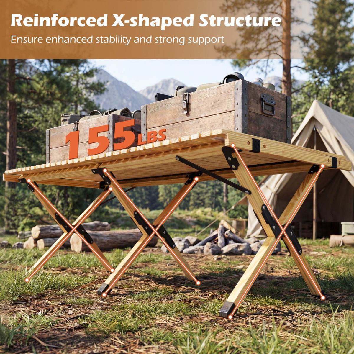 Pine Wood Roll-Up Camping Table with Carry Bag – X-shaped frame illustration