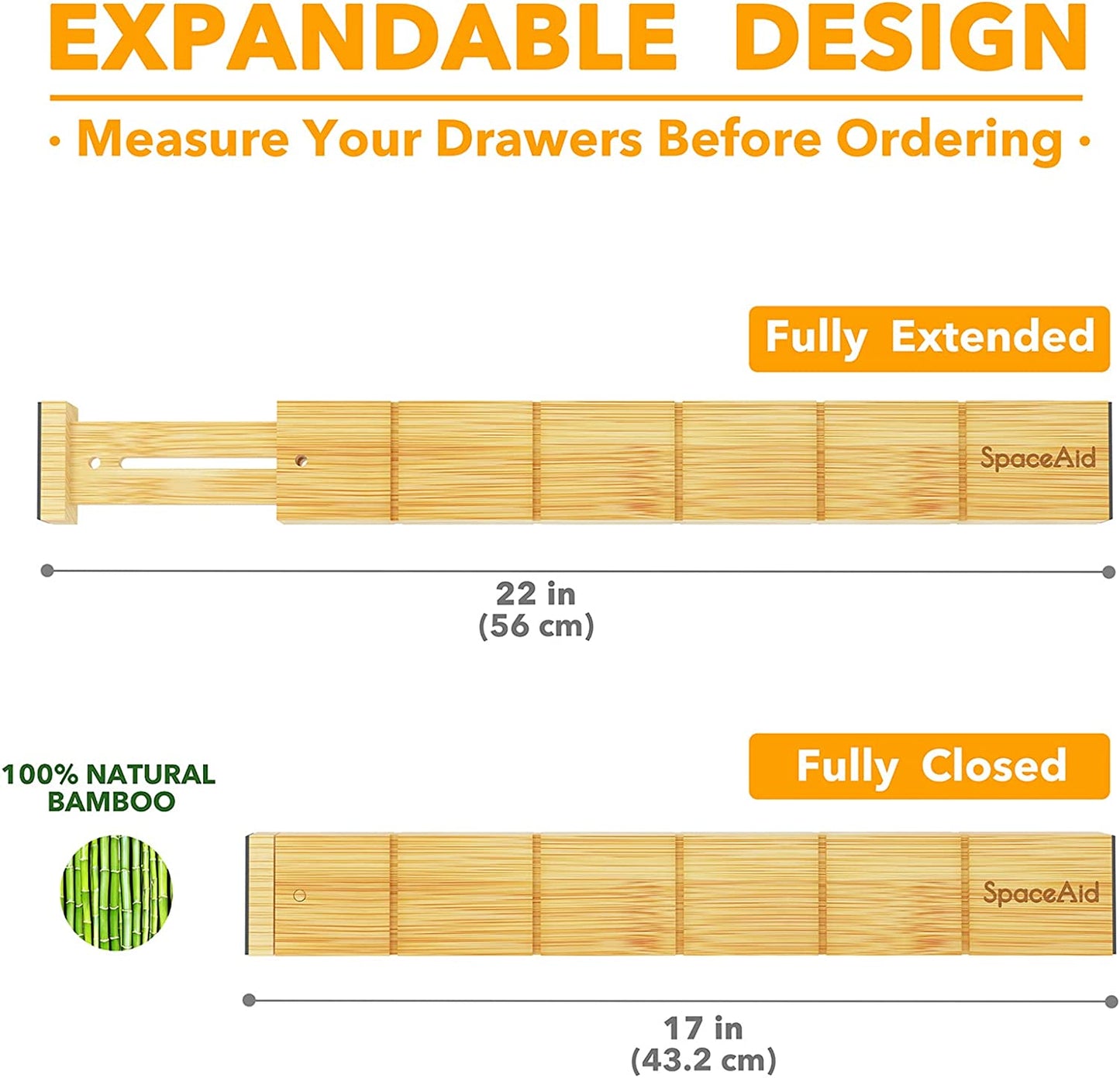 Expandable bamboo drawer organizer, 100% natural, fits van life storage, 17-22 inches