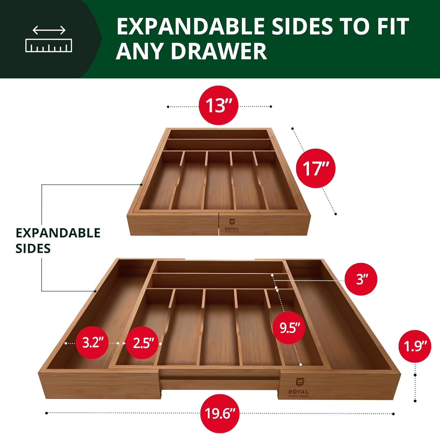 Expandable wooden drawer organizer with adjustable compartments, fits any van life or home drawer