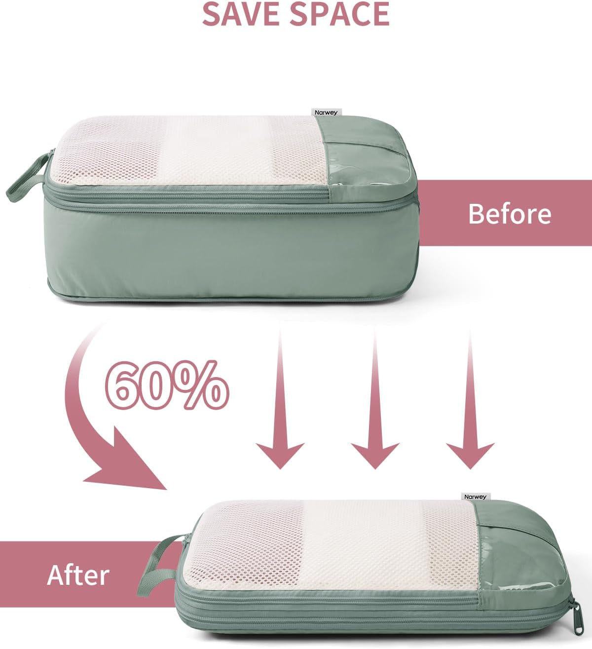 Sage Green Compression Packing Cubes – Set of 6 – compression zip illustration
