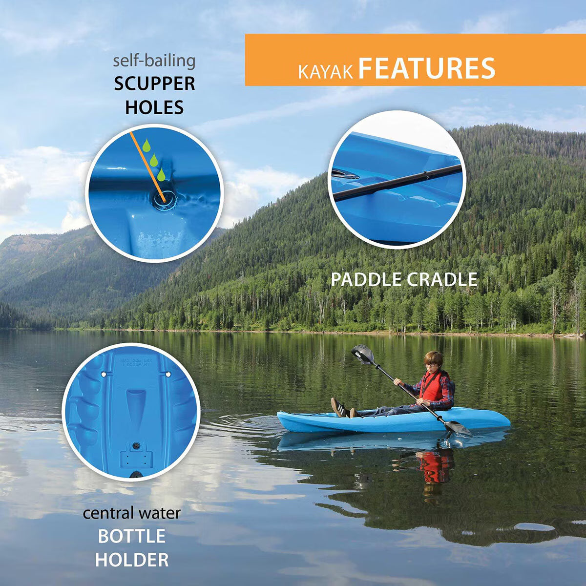 Blue kayak with self-bailing scupper holes, paddle cradle & bottle holder on calm lake, perfect for outdoor adventures.