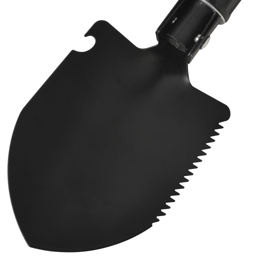 Black multi-tool shovel with serrated edge and bottle opener for van life camping gear