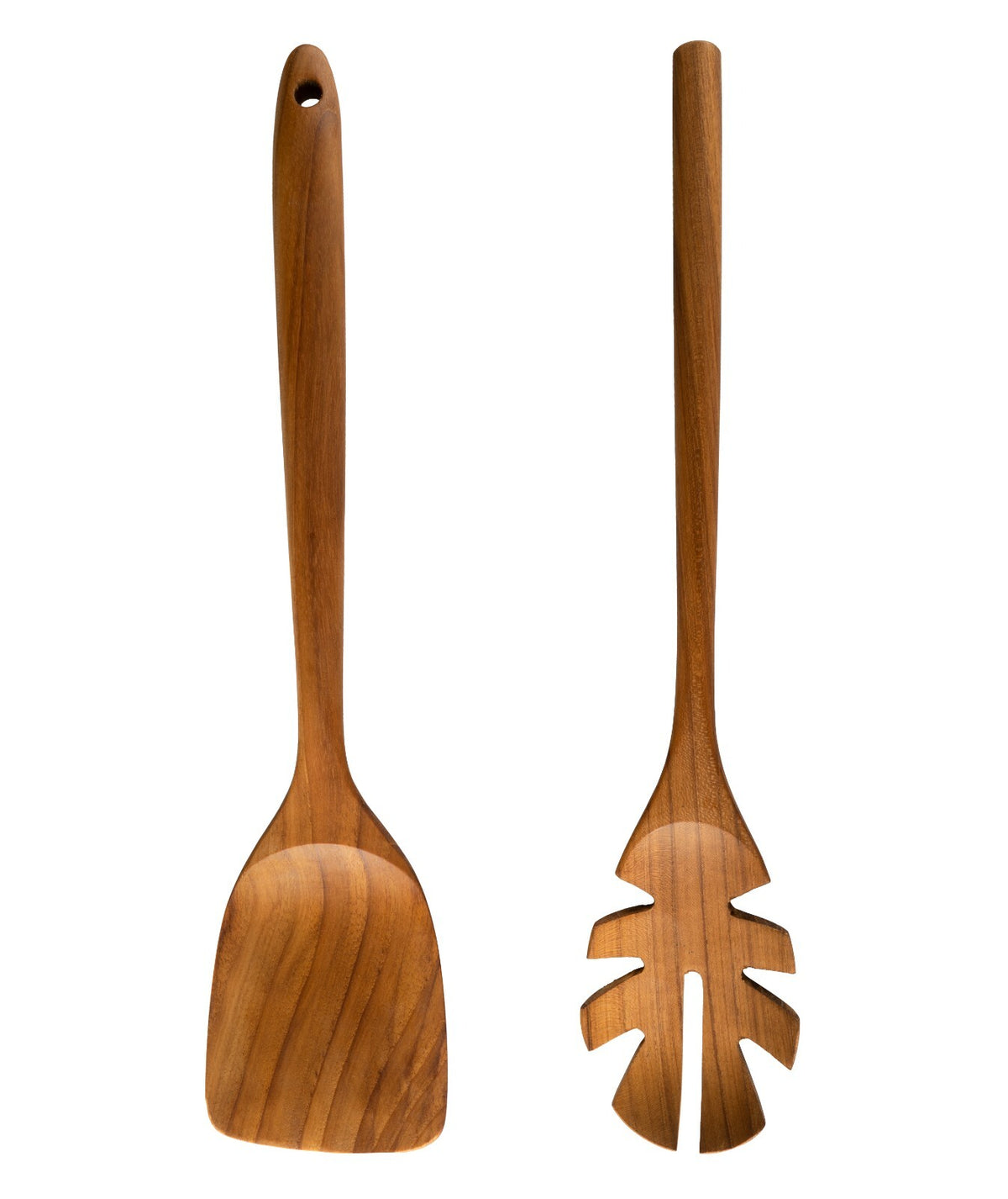 Wooden spatula and leaf-shaped slotted spoon for van life kitchen essentials
