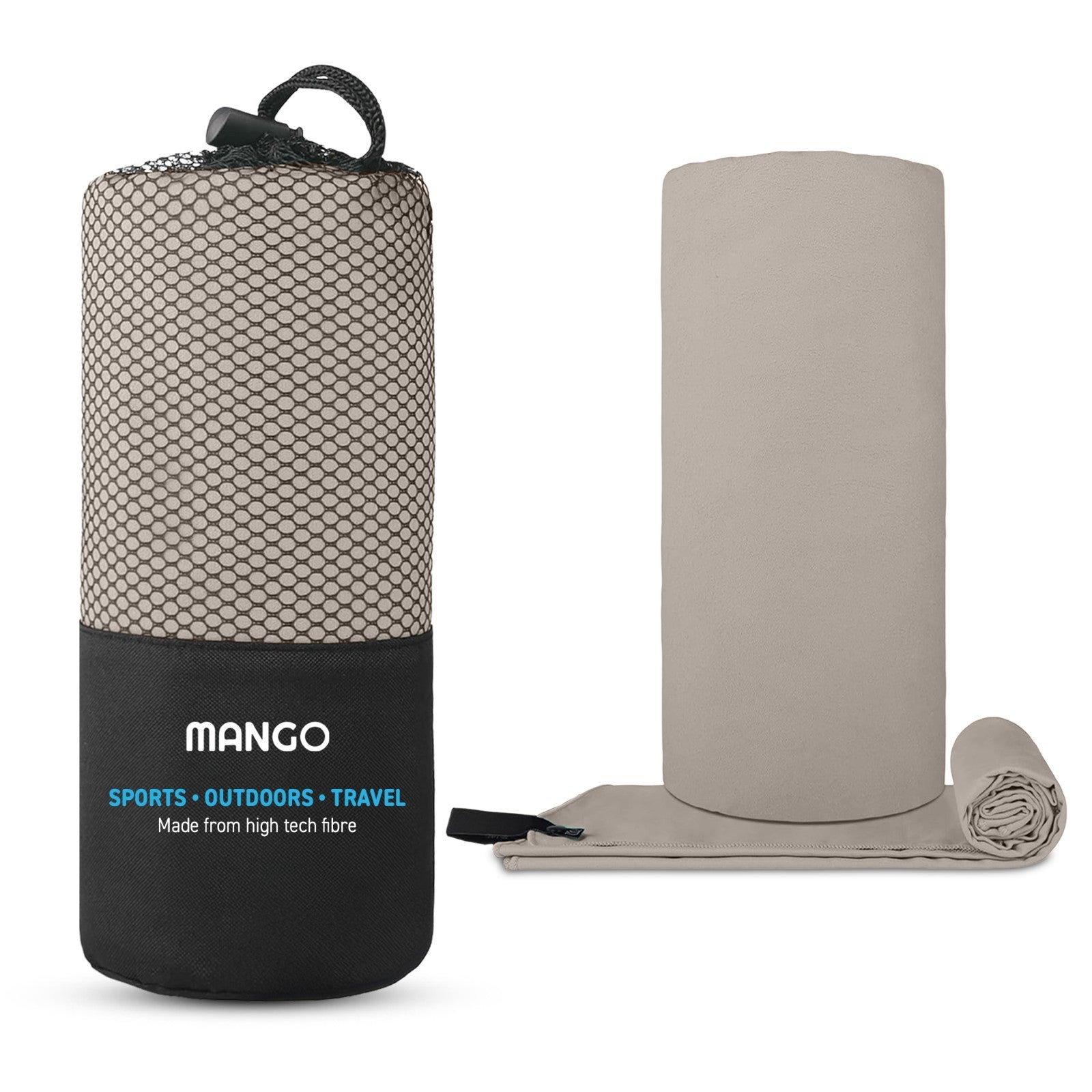 Compact beige travel towel with mesh carry bag, ideal for van life, camping, and outdoor adventures.