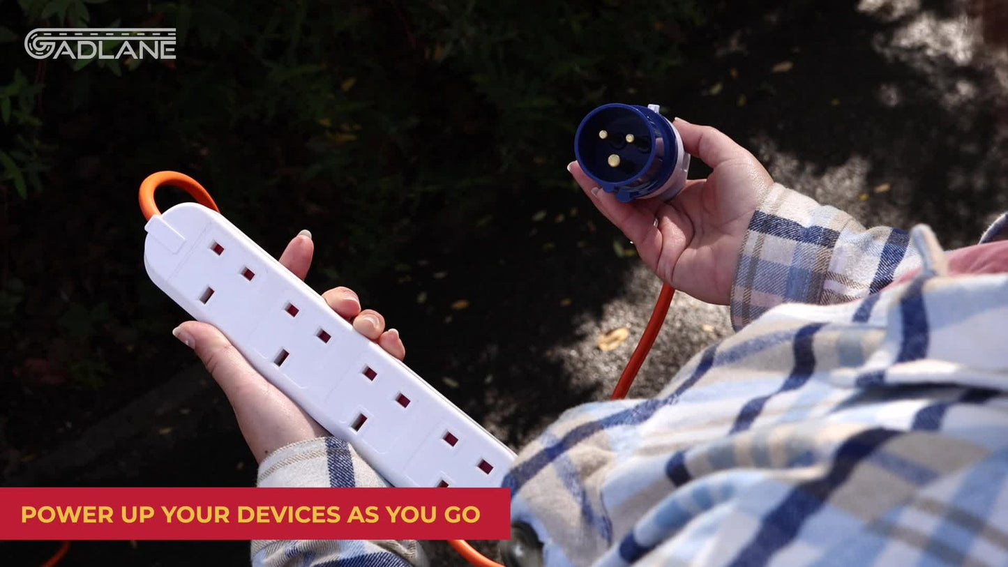 Portable UK power strip with blue connector for van life and outdoor adventures