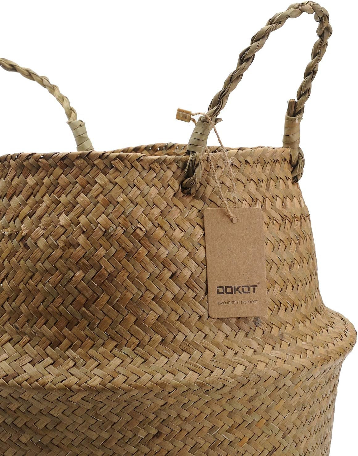 Natural Seagrass Belly Basket with Handles, Large Storage Laundry Basket (Natural)