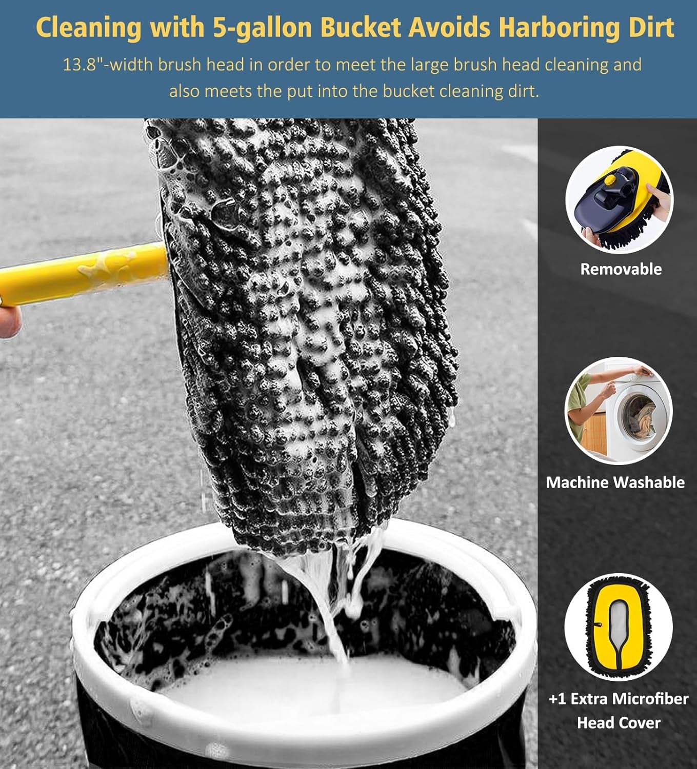 13.8-inch wash brush with removable, machine-washable microfiber head for van cleaning