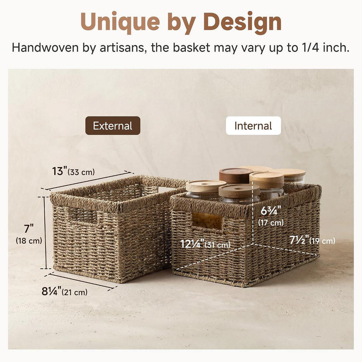 Rectangular Seagrass Shelf Baskets – Set of 2 – external and internal basket dimensions