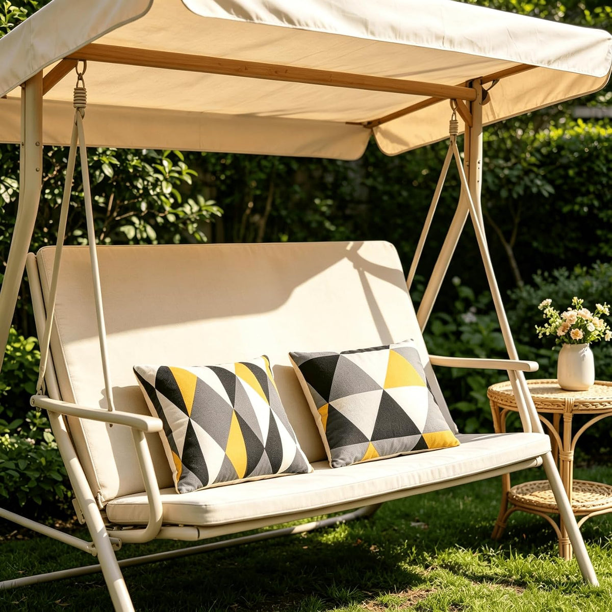 Yellow & Grey Geometric Cushion Covers – 4 Pack, 45cm – cushions on an outdoor bench