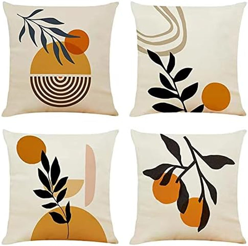 Orange Botanical Cushion Covers – 4 Pack, 50cm – four orange botanical designs on white