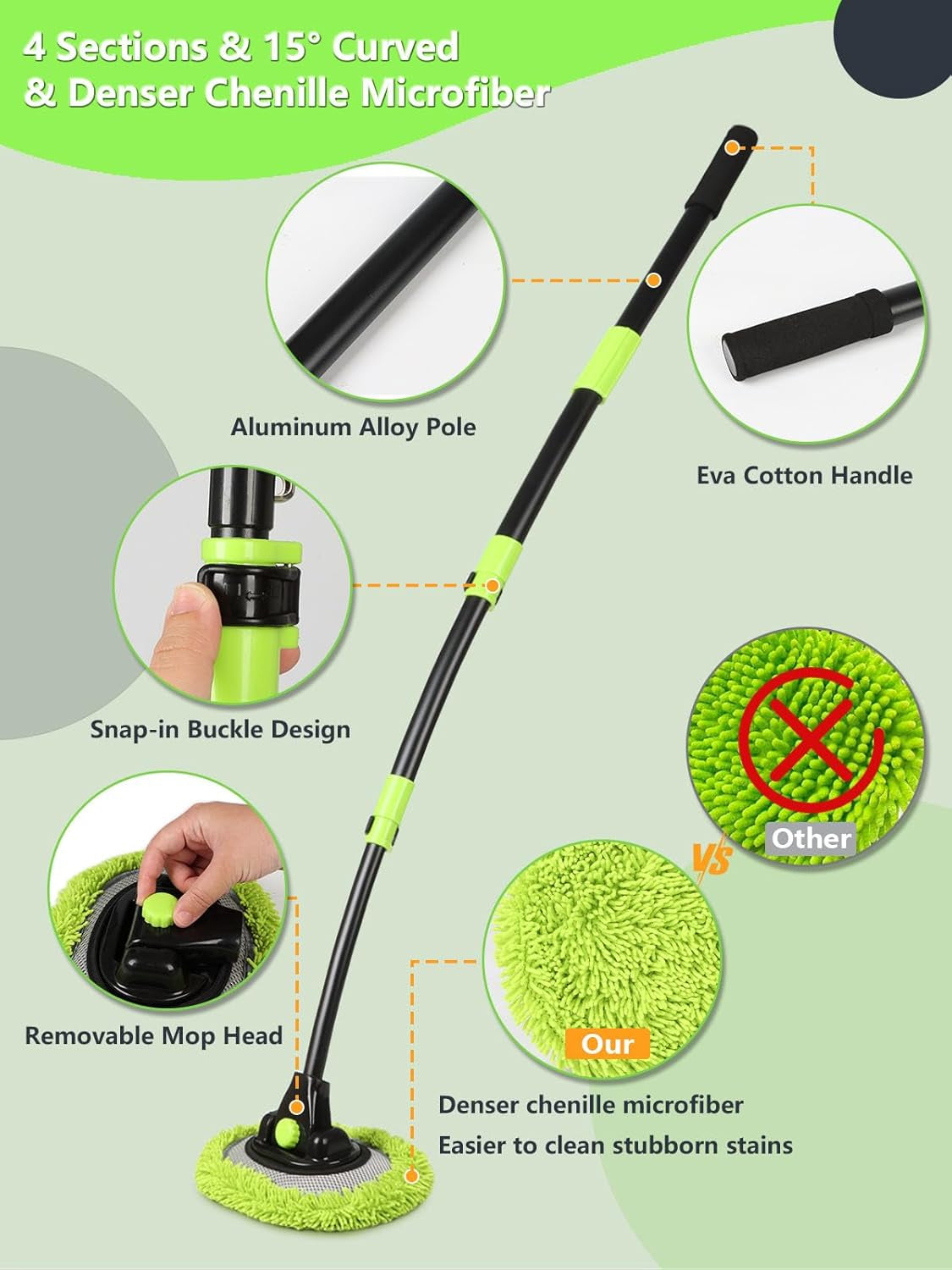 4 Sections 15°Car Wash Brush 51.6” 131Cm with Telescopic Aluminum Alloy Long Handle Denser Chenille Microfiber Detail Washing Mop for Exterior Interior Car RV SUV Truck Boat Solar Panel House Clean
