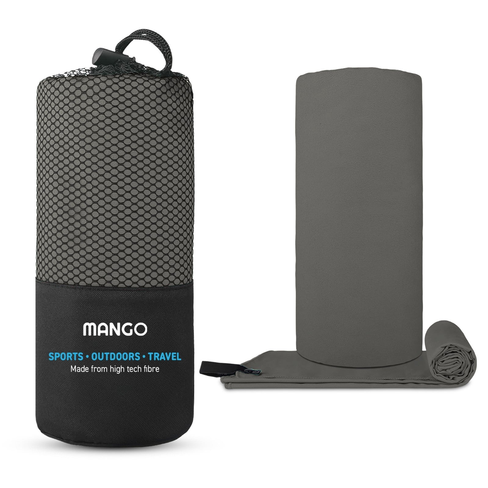 Compact grey travel blanket in mesh carry bag, ideal for van life, outdoor adventures, and festivals