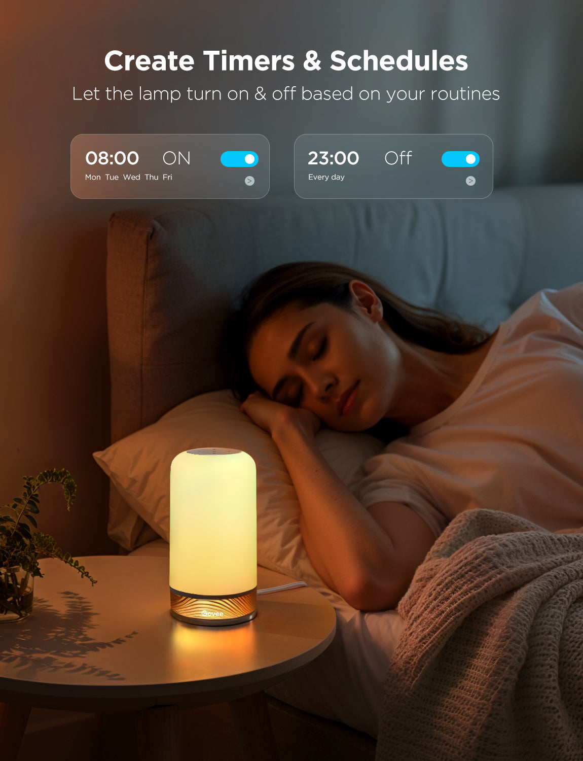 Smart LED lamp with timer scheduling for van life bedtime routines, warm glow beside sleeping person