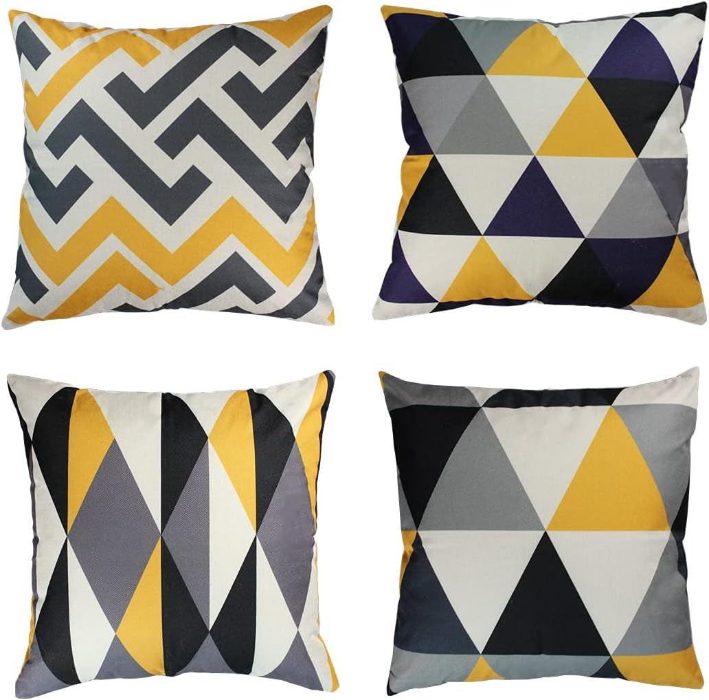 Yellow & Grey Geometric Cushion Covers – 4 Pack, 45cm – four yellow and grey geometric designs on white