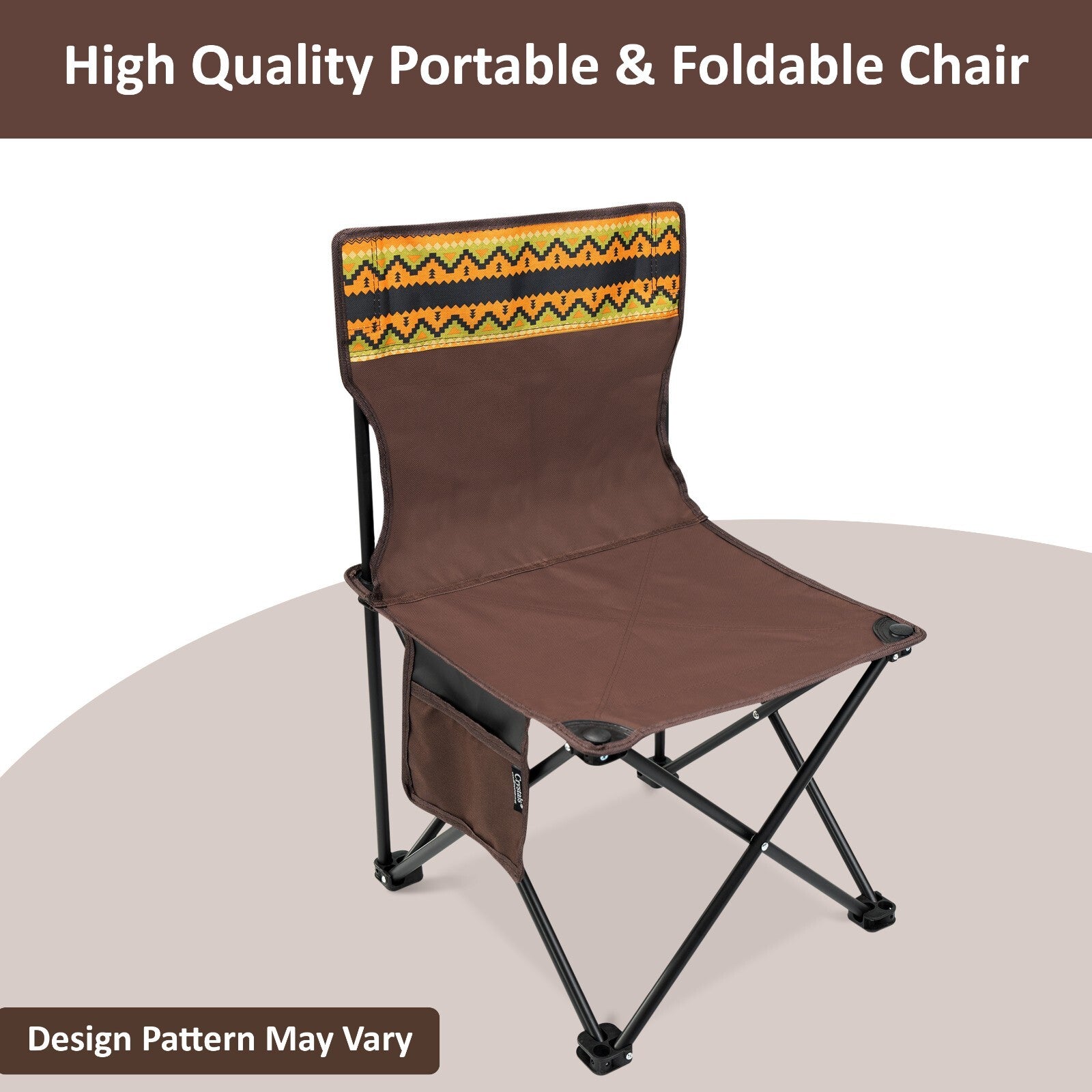 Portable foldable camping chair with patterned back, ideal for van life and outdoor adventures