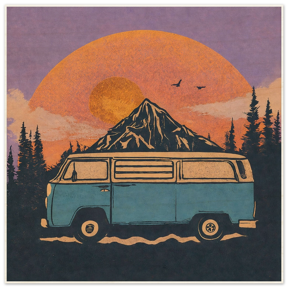 Vintage van life poster with mountain sunset, perfect for camper van decor and adventure gear lovers.