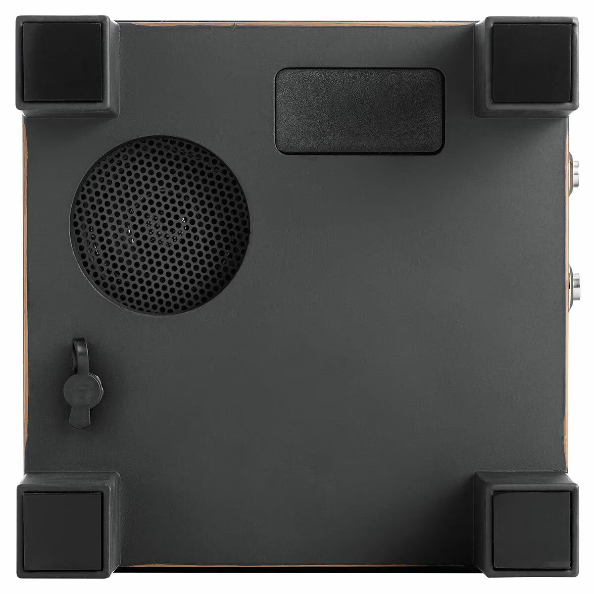 Compact portable speaker with wood accents, ideal for van life and outdoor adventures