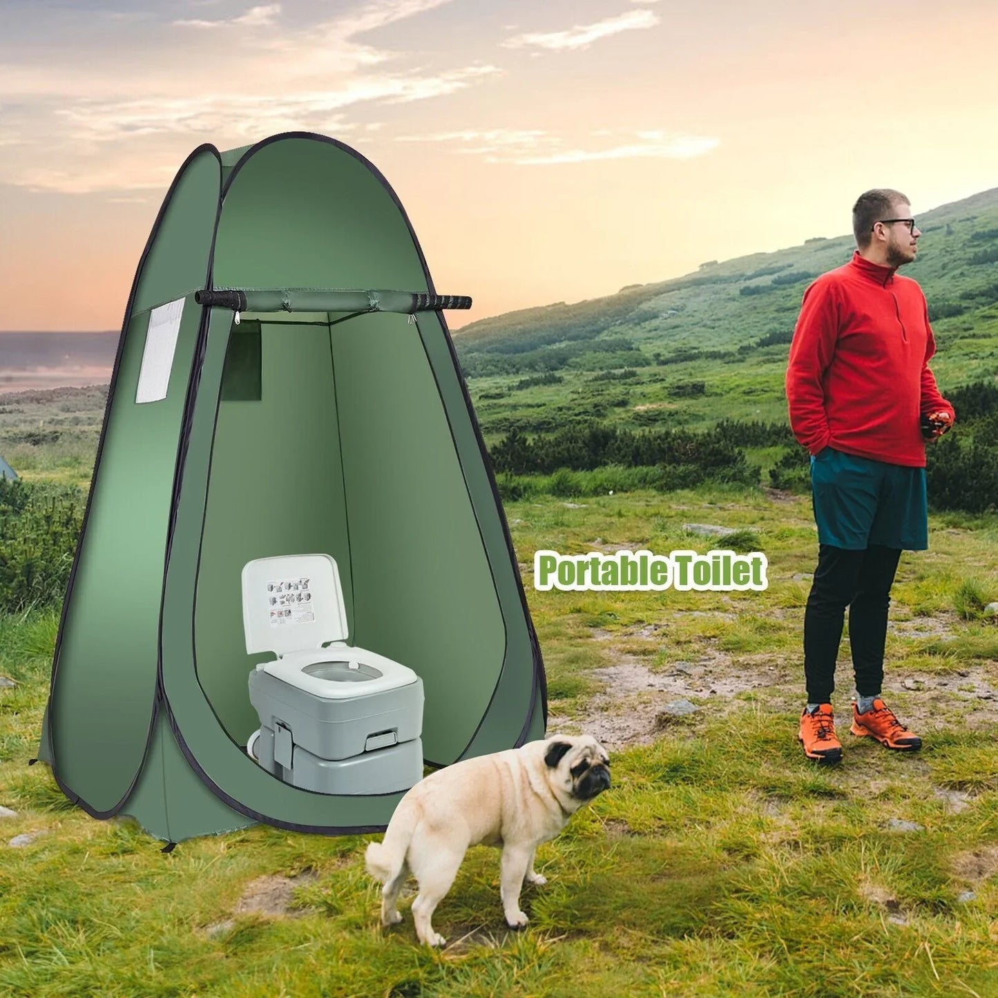 Portable toilet with privacy tent for camping, van life, and outdoor adventures