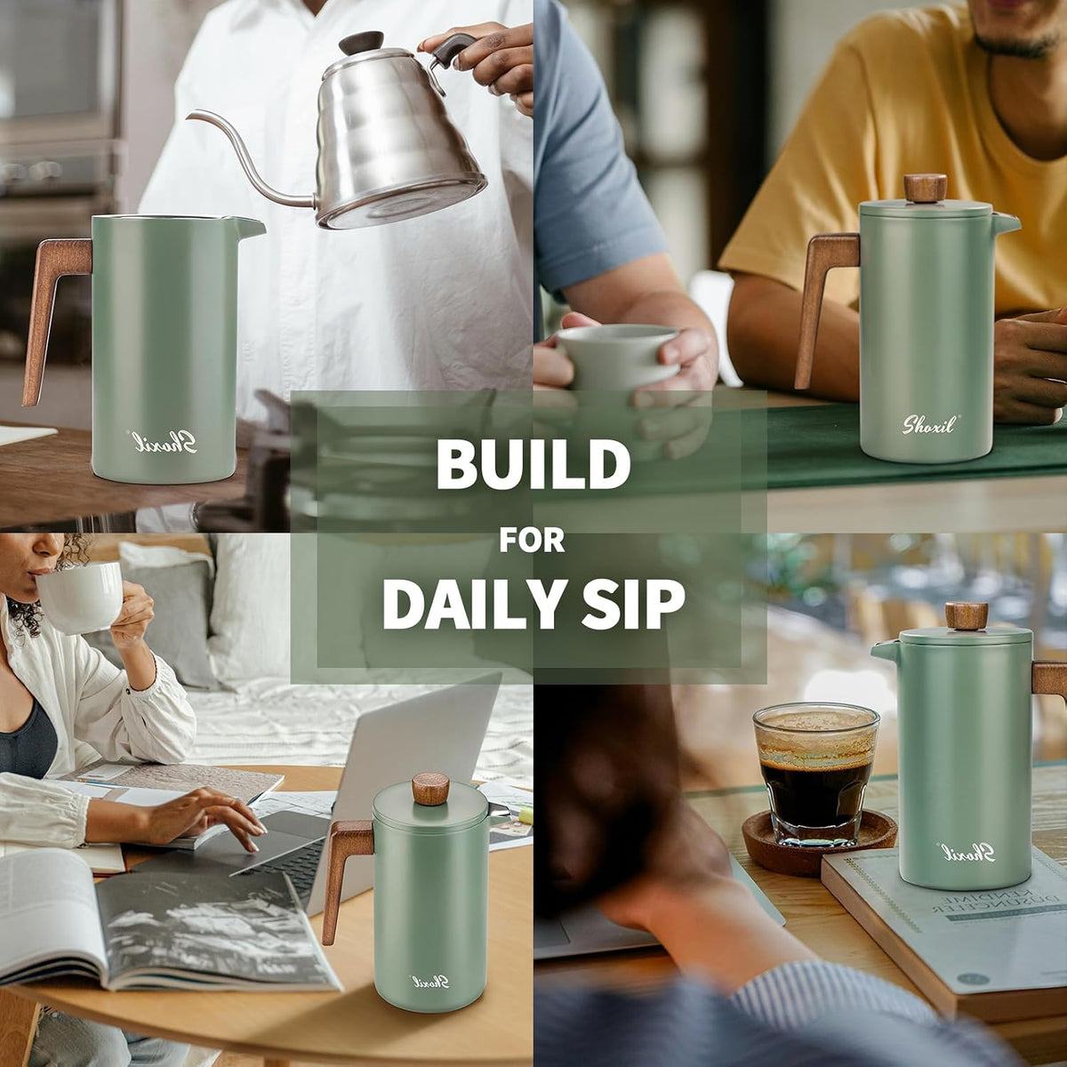 Green 1L Cafetière with Wood Handle – coffee brewing and serving scenes