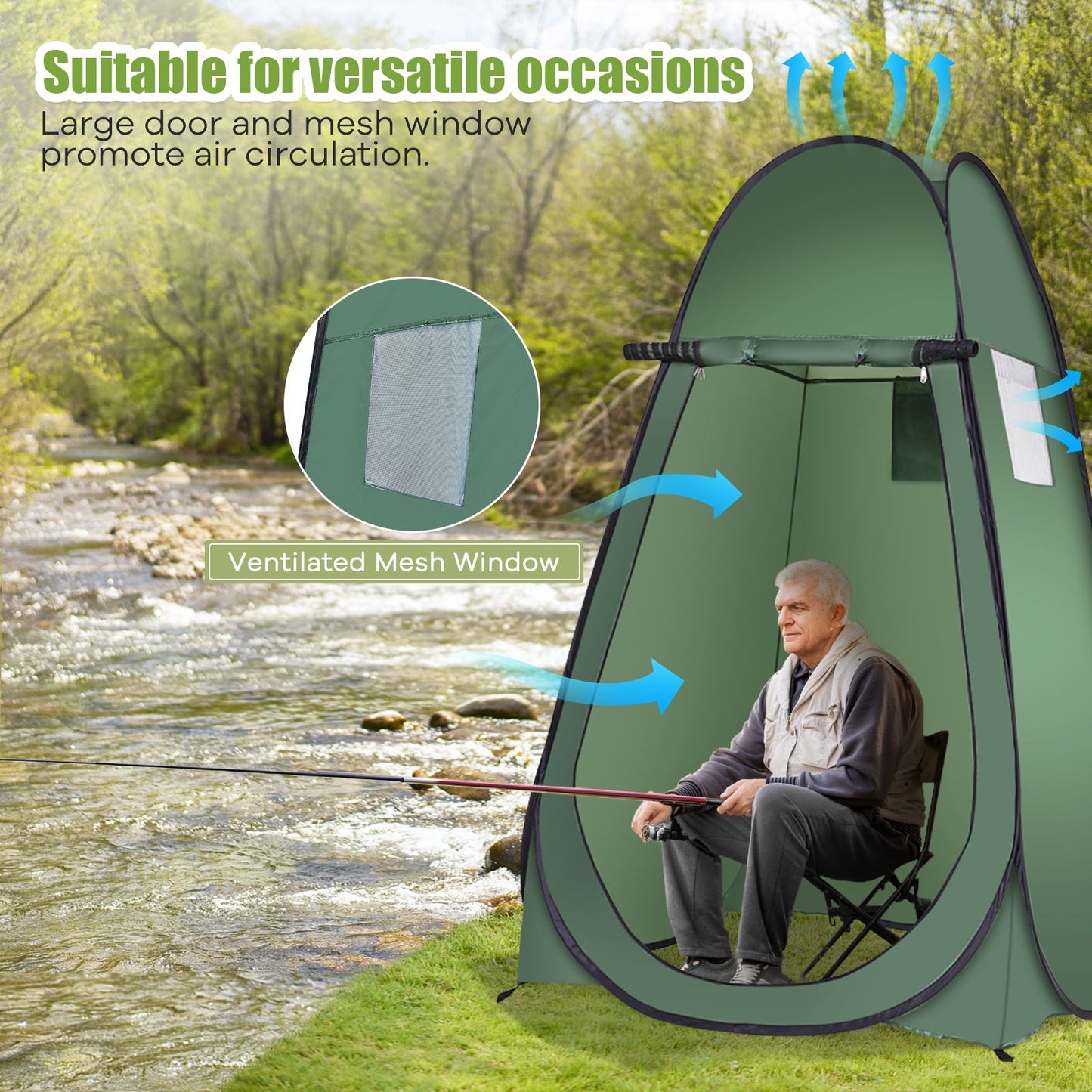 Portable privacy tent with mesh window for fishing, camping, van life adventures near riverside