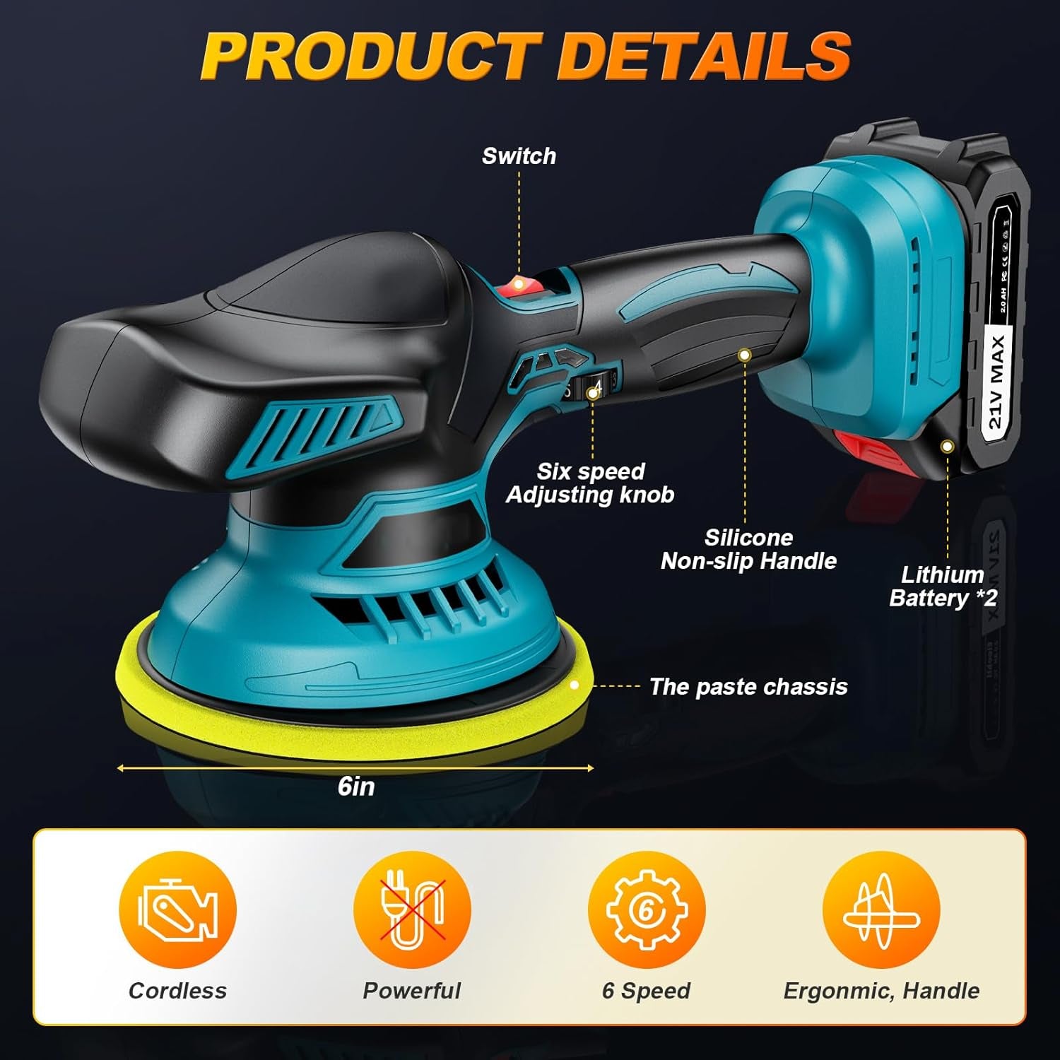 Cordless 6-inch random orbital sander with 6-speed control, silicone grip, and 21V lithium battery for van life DIY projects