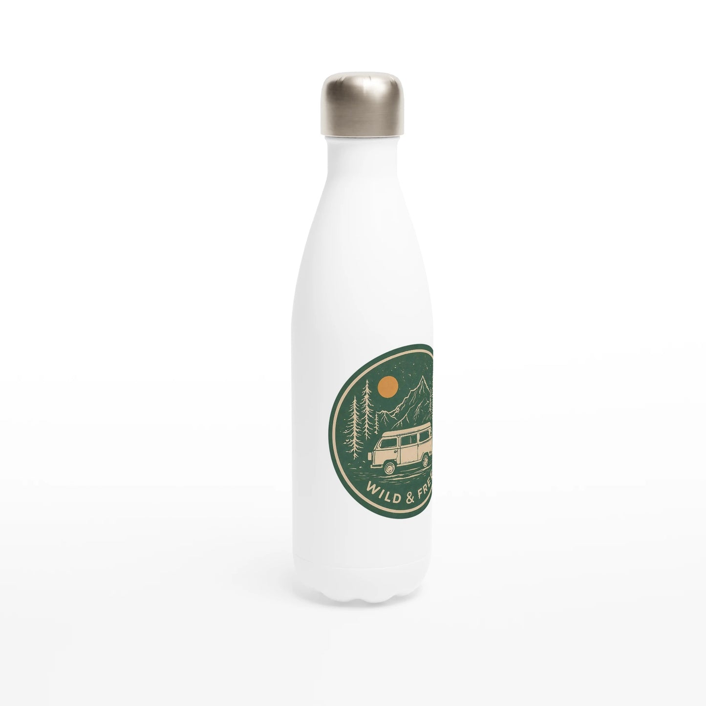 White insulated water bottle with van life design, mountains, trees, and 'Wild & Free' text for outdoor adventures