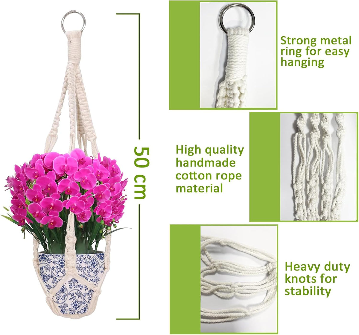 Cotton Macramé Plant Hangers – Pair, 50cm – 50cm hanger size and knot details