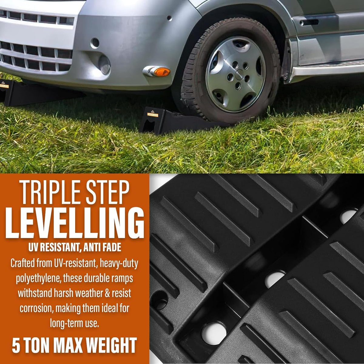 Motorhome Levelling Ramps with Carry Bag – ramp beneath a motorhome wheel