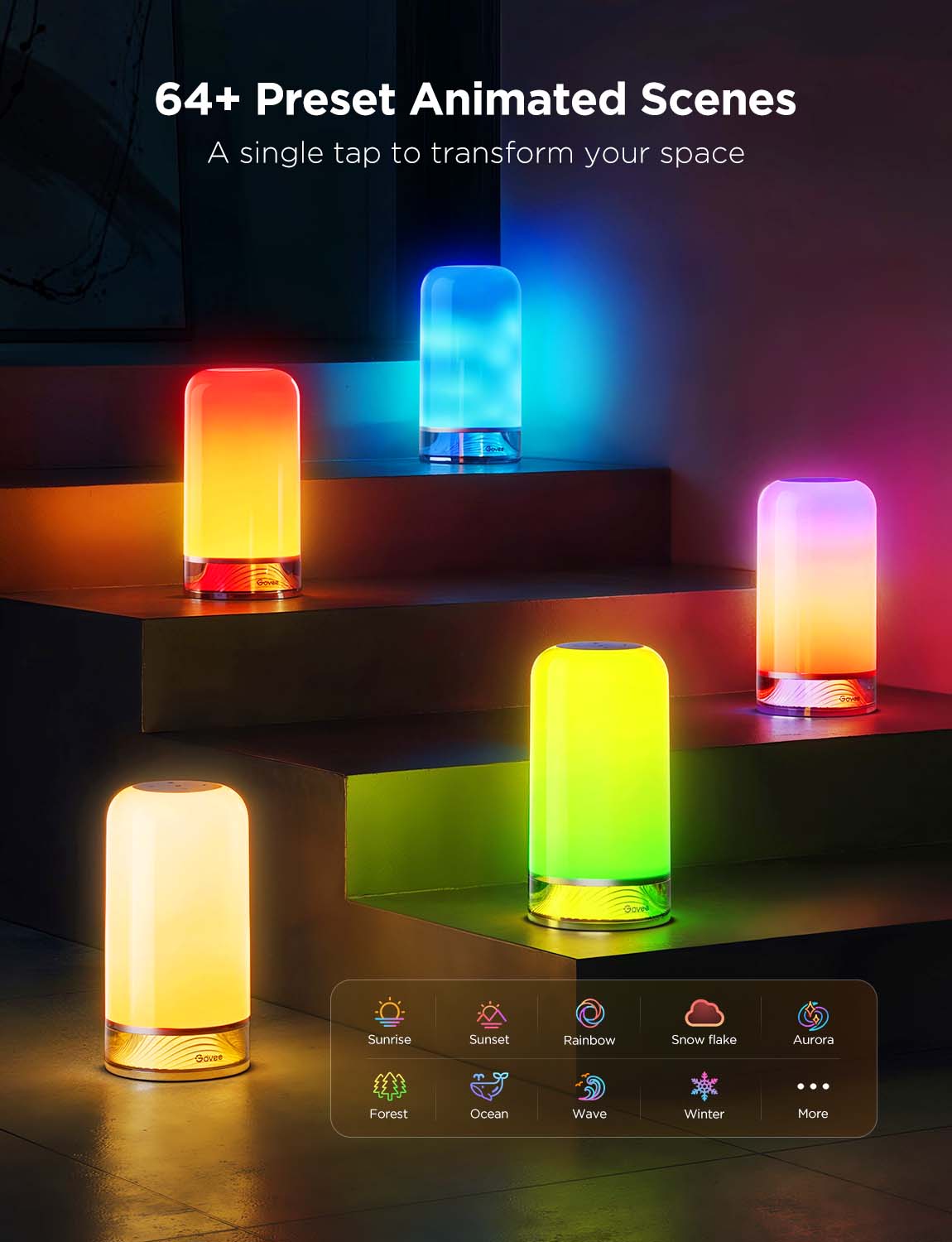 Color-changing LED mood lamps with 64+ animated scenes for van life ambiance and cozy camper lighting