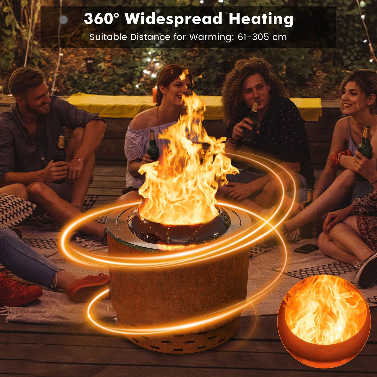Portable outdoor fire pit with 360° heating for van life camping, backyard gatherings, and outdoor adventures