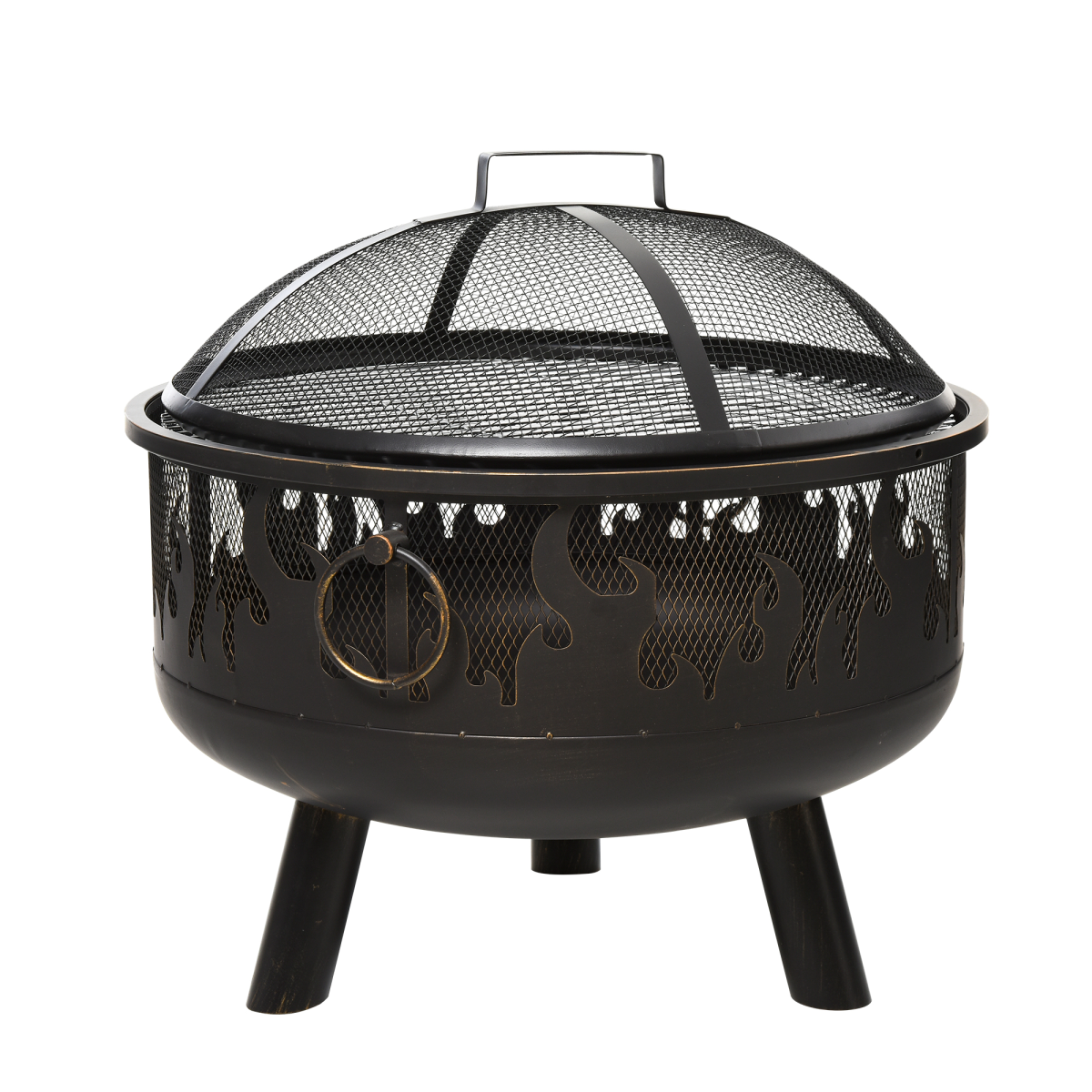 Black flame-patterned fire pit with mesh lid, ideal for van life camping and outdoor adventures