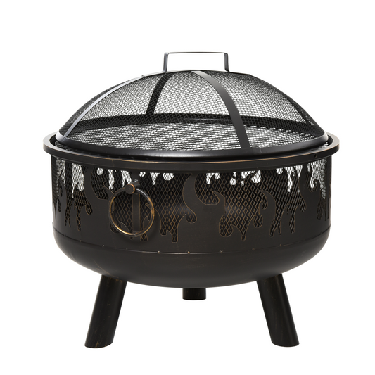 Black flame-patterned fire pit with mesh lid, ideal for van life camping and outdoor adventures