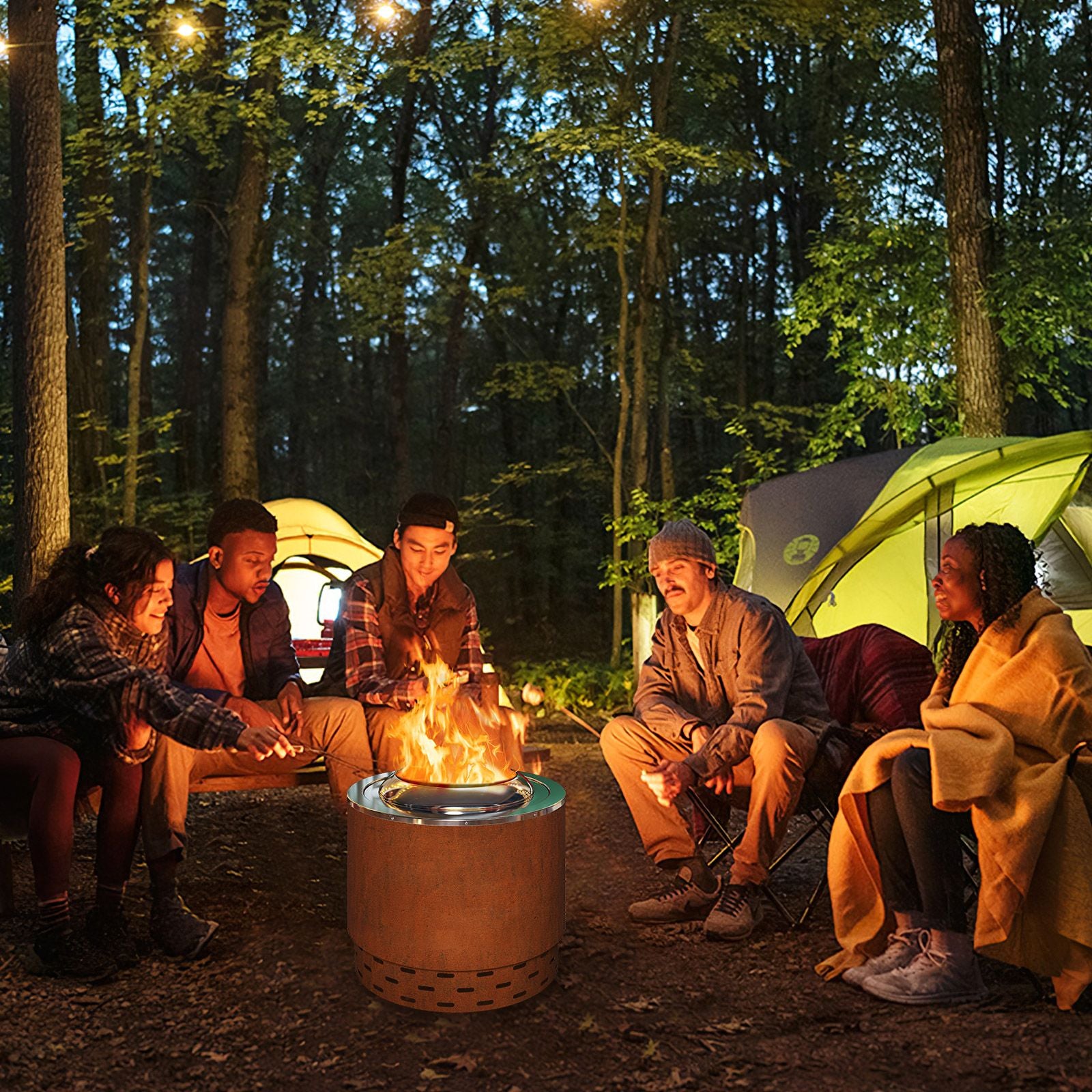Portable fire pit for camping, van life, and outdoor adventures with friends under string lights