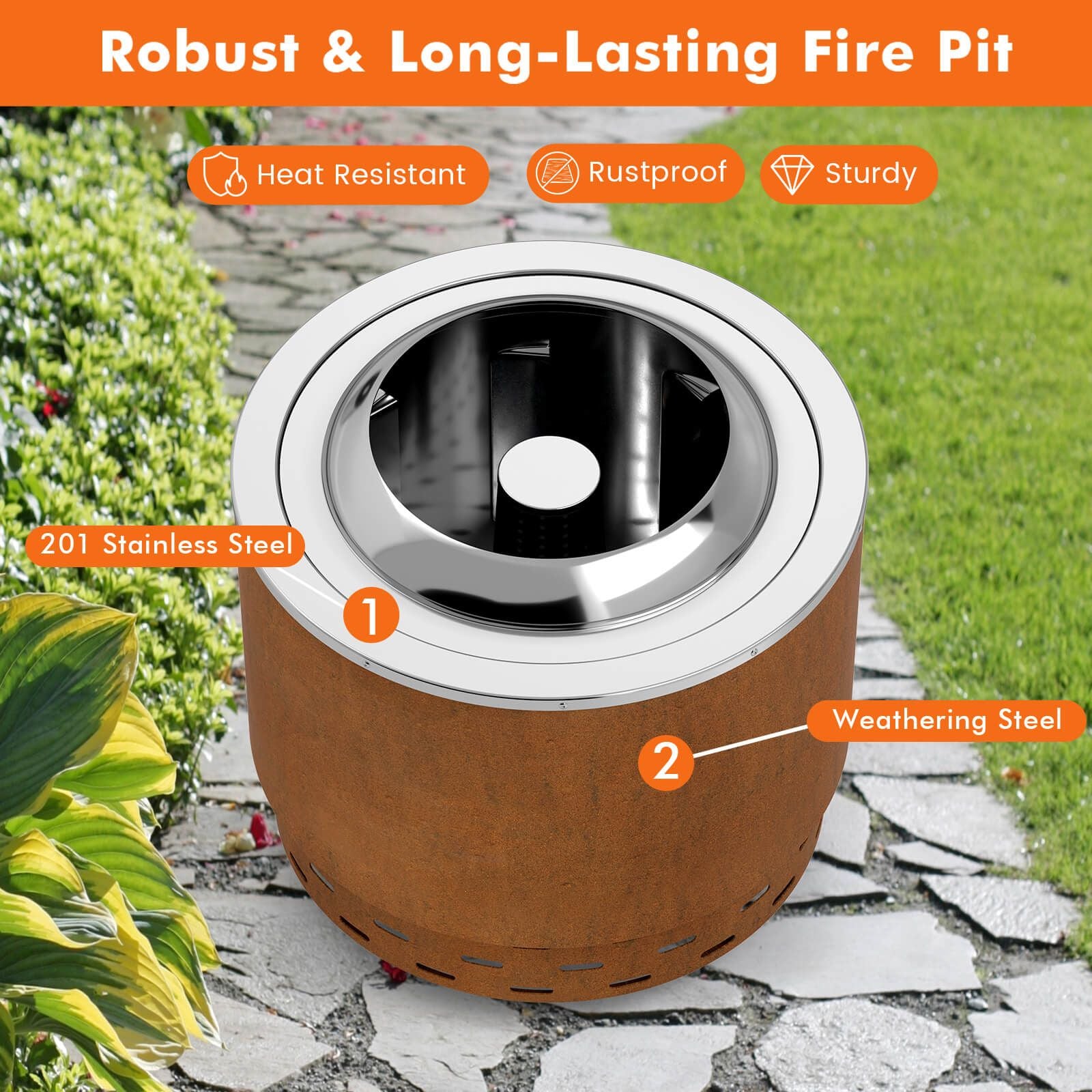 Sturdy outdoor fire pit with weathering steel and stainless steel, heat resistant for van life camping