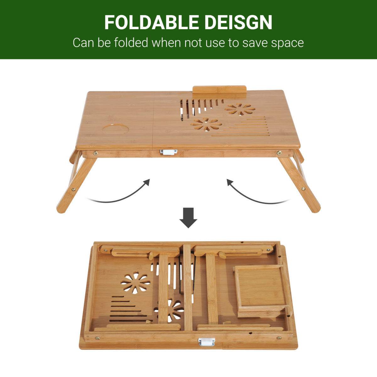 Foldable bamboo lap desk for van life, compact design saves space, ideal for camper vans and travel