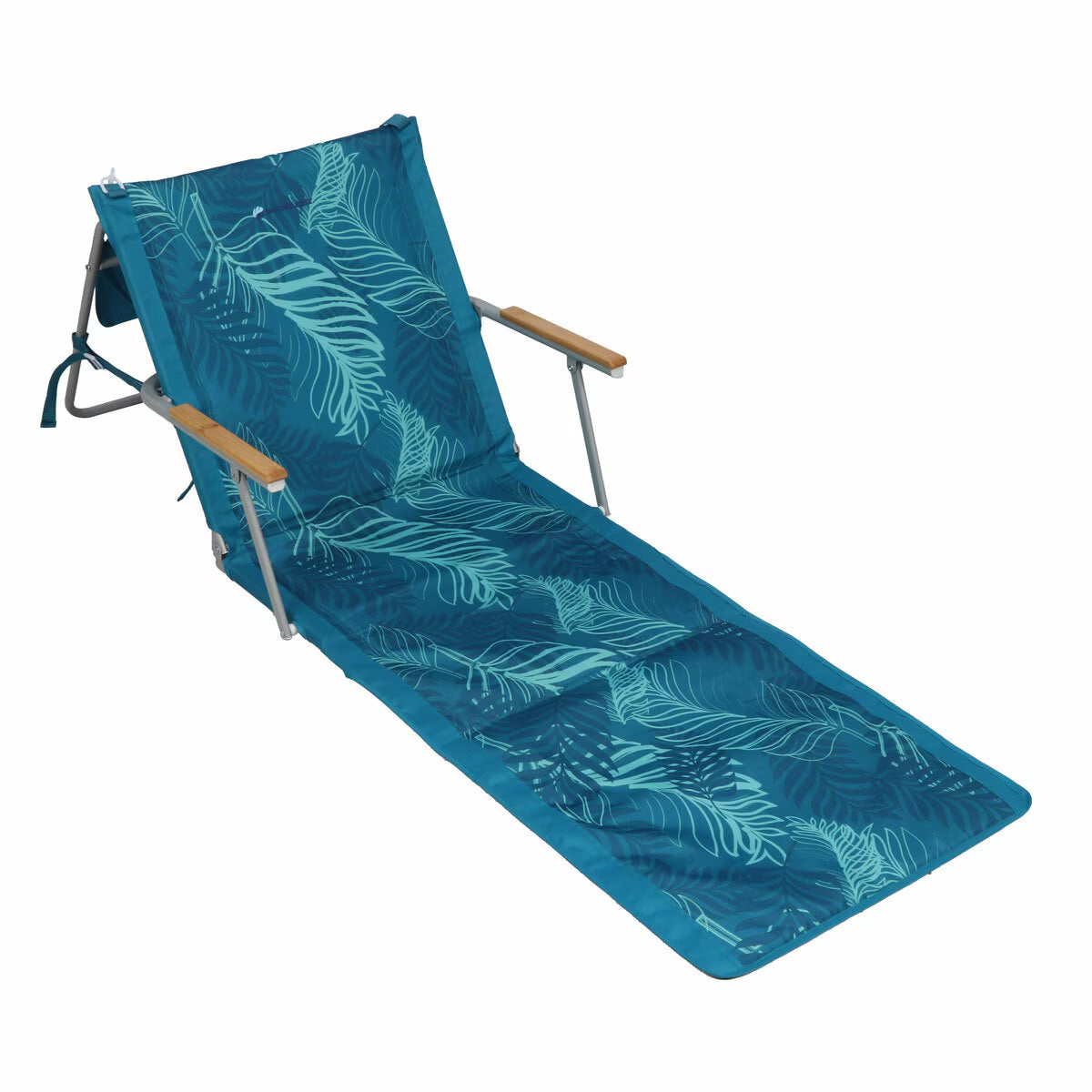 Teal tropical leaf print foldable lounge chair for van life and outdoor adventures