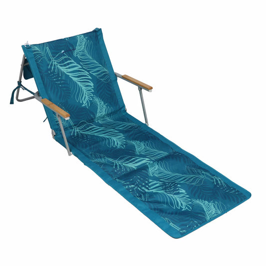 Teal tropical leaf print foldable lounge chair for van life and outdoor adventures