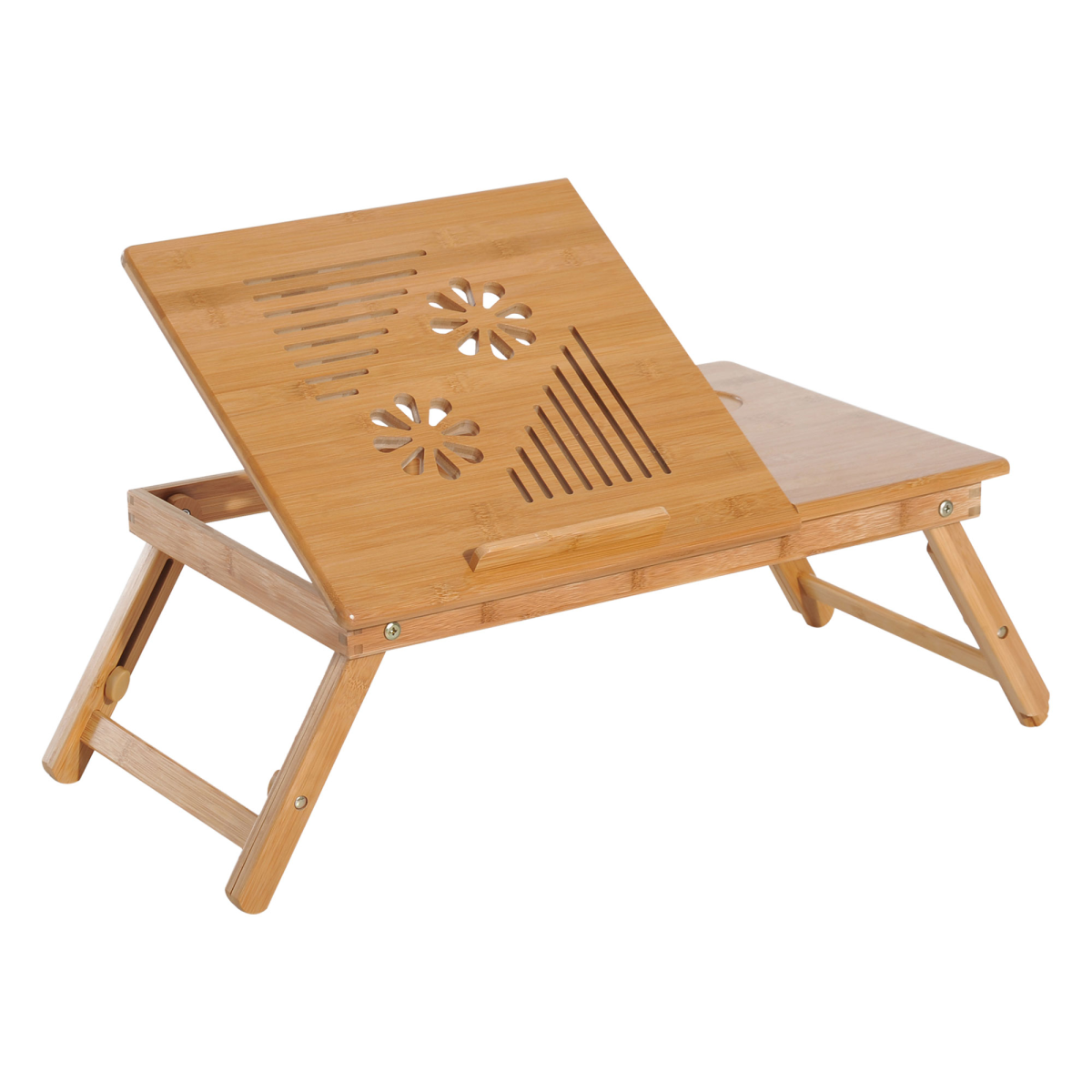 Foldable bamboo laptop desk with floral cutouts, ideal for van life and portable workspaces