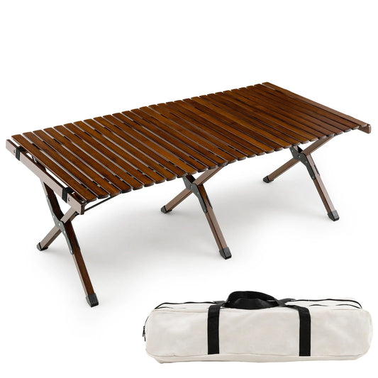 Portable folding camping table with wooden slats and carry bag, ideal for van life and outdoor adventures
