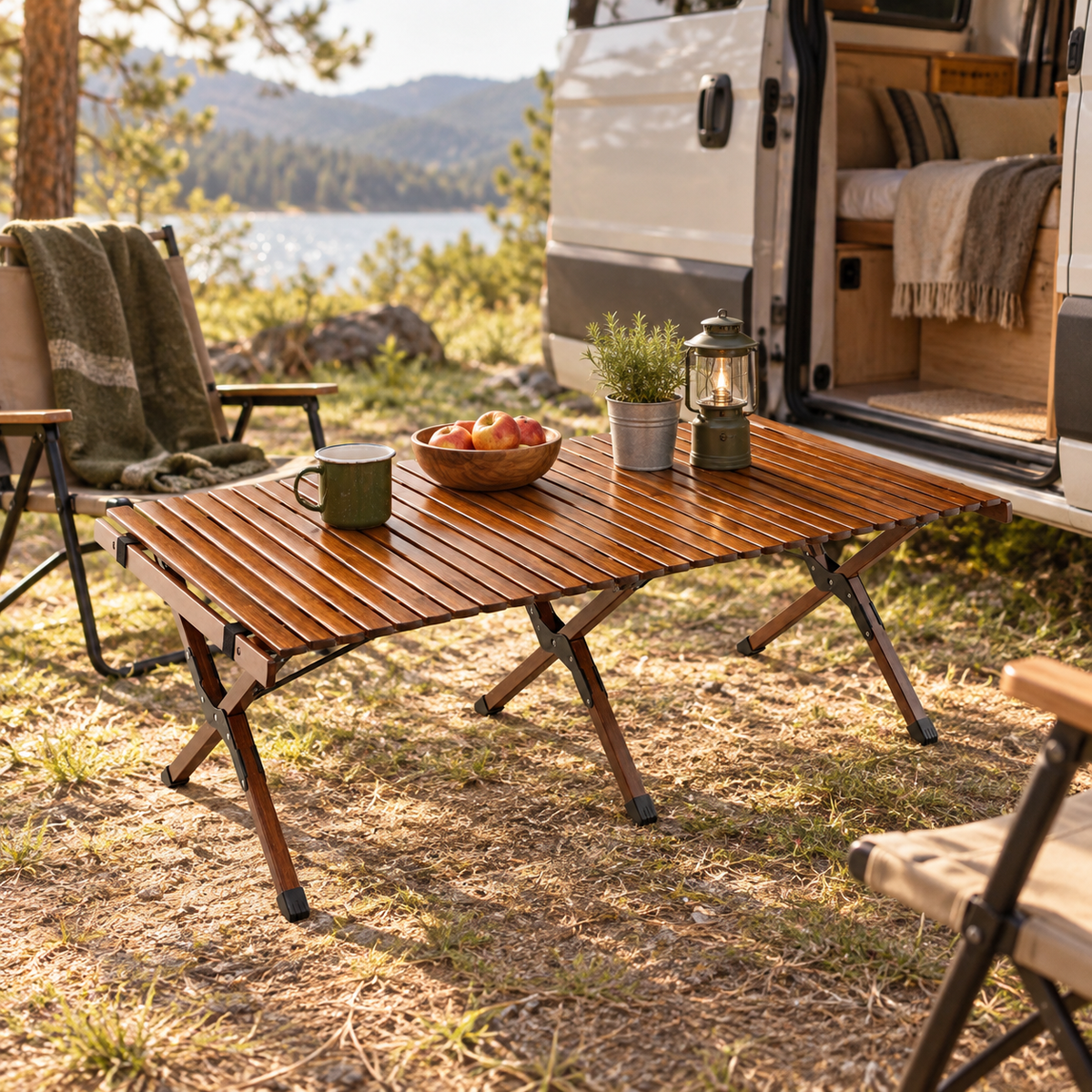 Folding Camping Table in a van-life setting