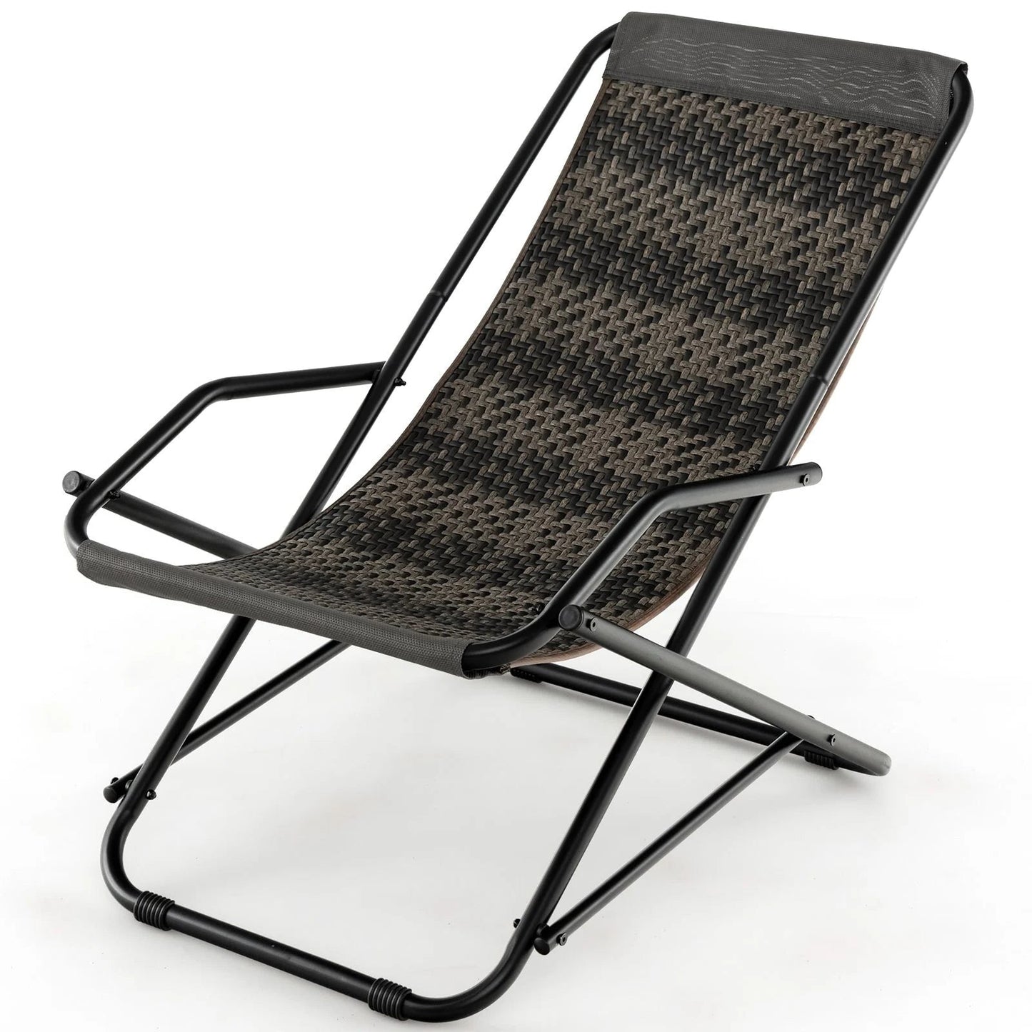 Portable folding lounge chair for van life, camping, and outdoor adventures with woven fabric and metal frame