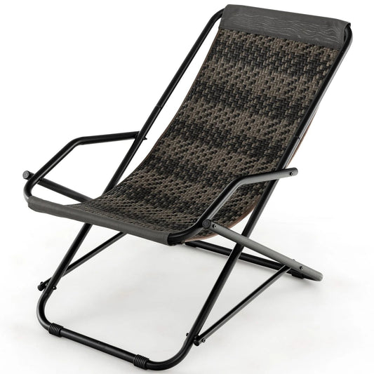 Portable folding lounge chair for van life, camping, and outdoor adventures with woven fabric and metal frame