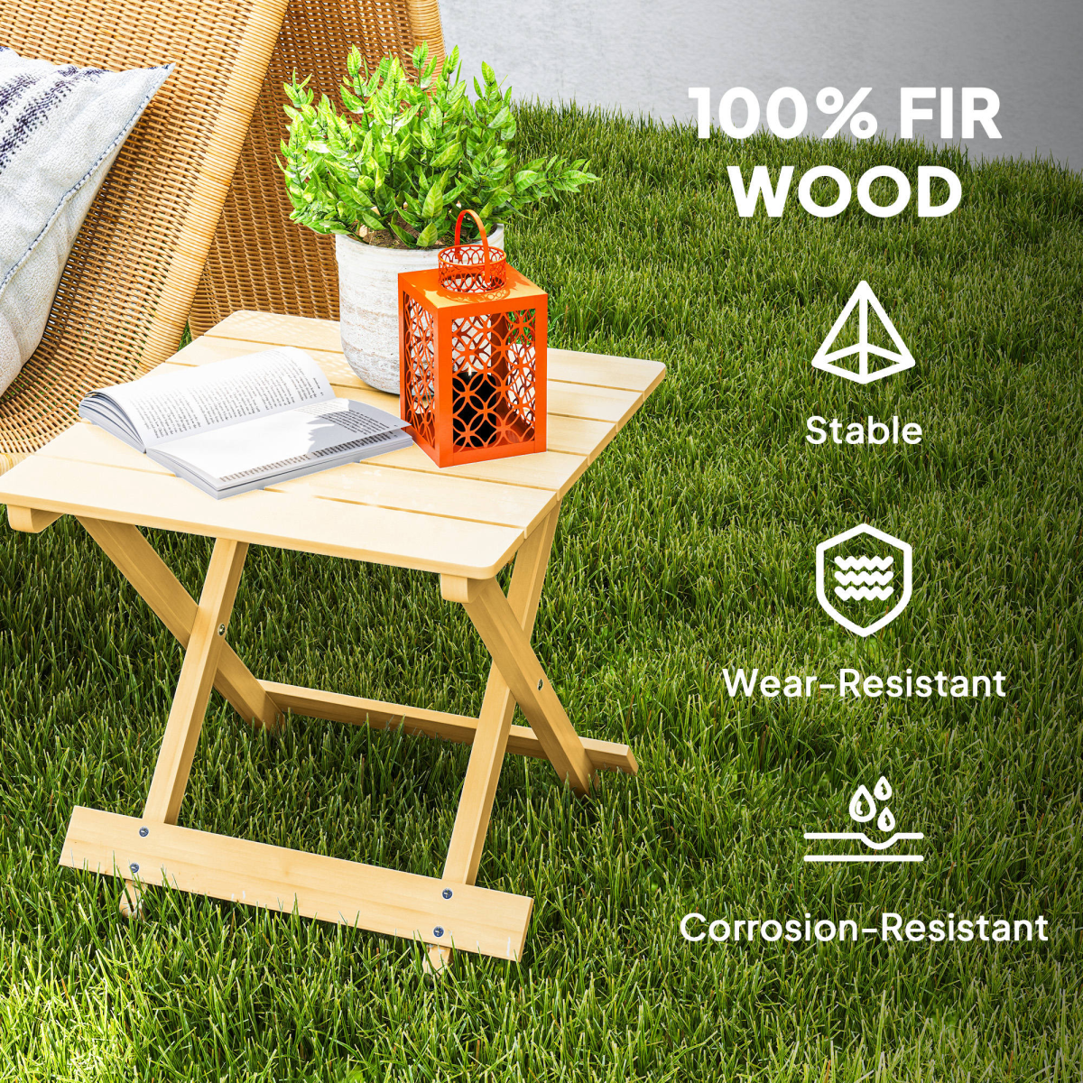 Portable fir wood side table for van life, outdoor adventures, stable & weather-resistant on grass