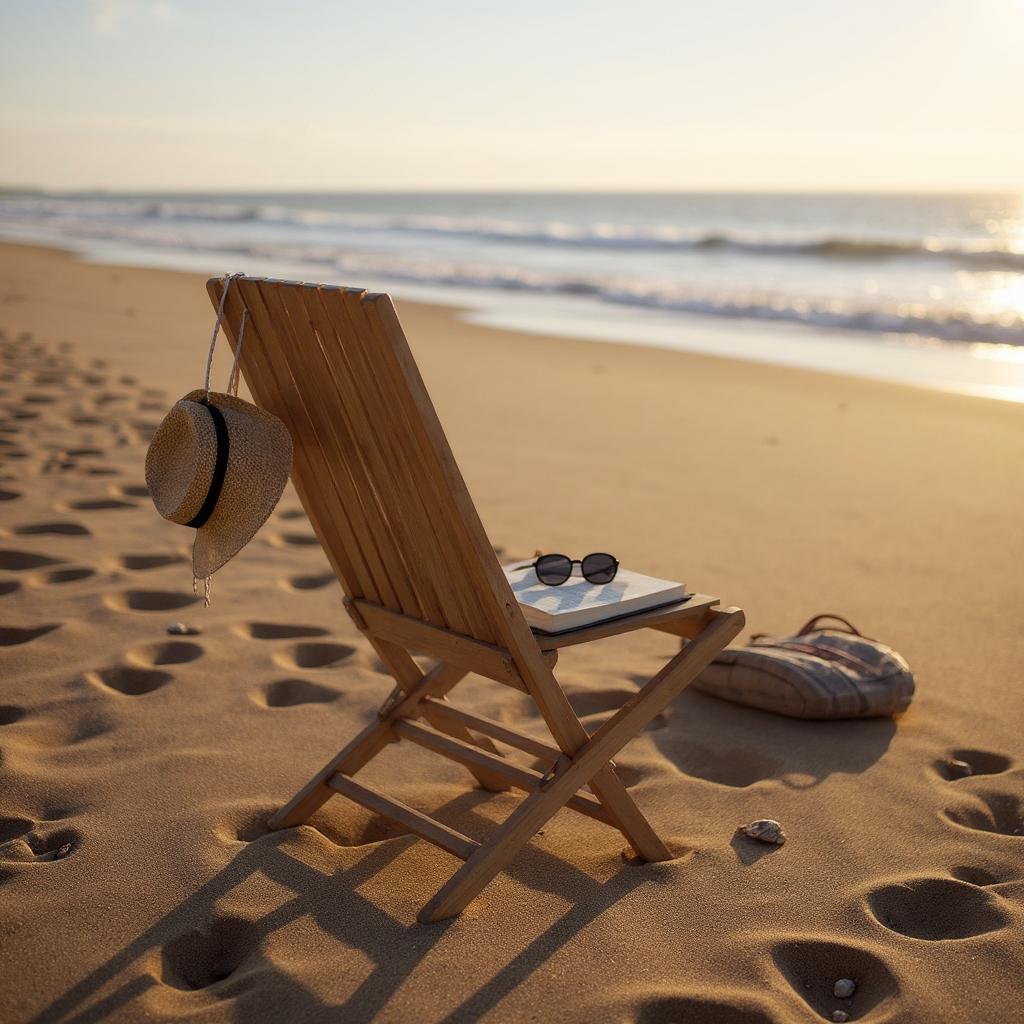Wooden beach chair with straw hat, sunglasses, and book on sandy shore at sunset