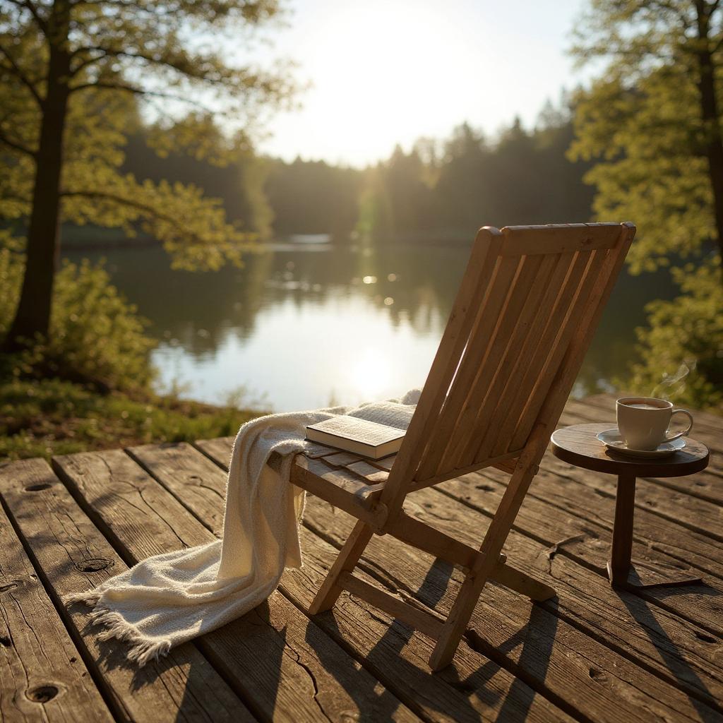 Wooden chair with blanket and book on lakeside deck, steaming coffee cup beside, perfect for van life relaxation