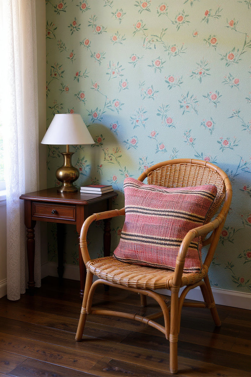 Wicker armchair with striped cushion beside wooden side table and lamp, floral wallpaper background