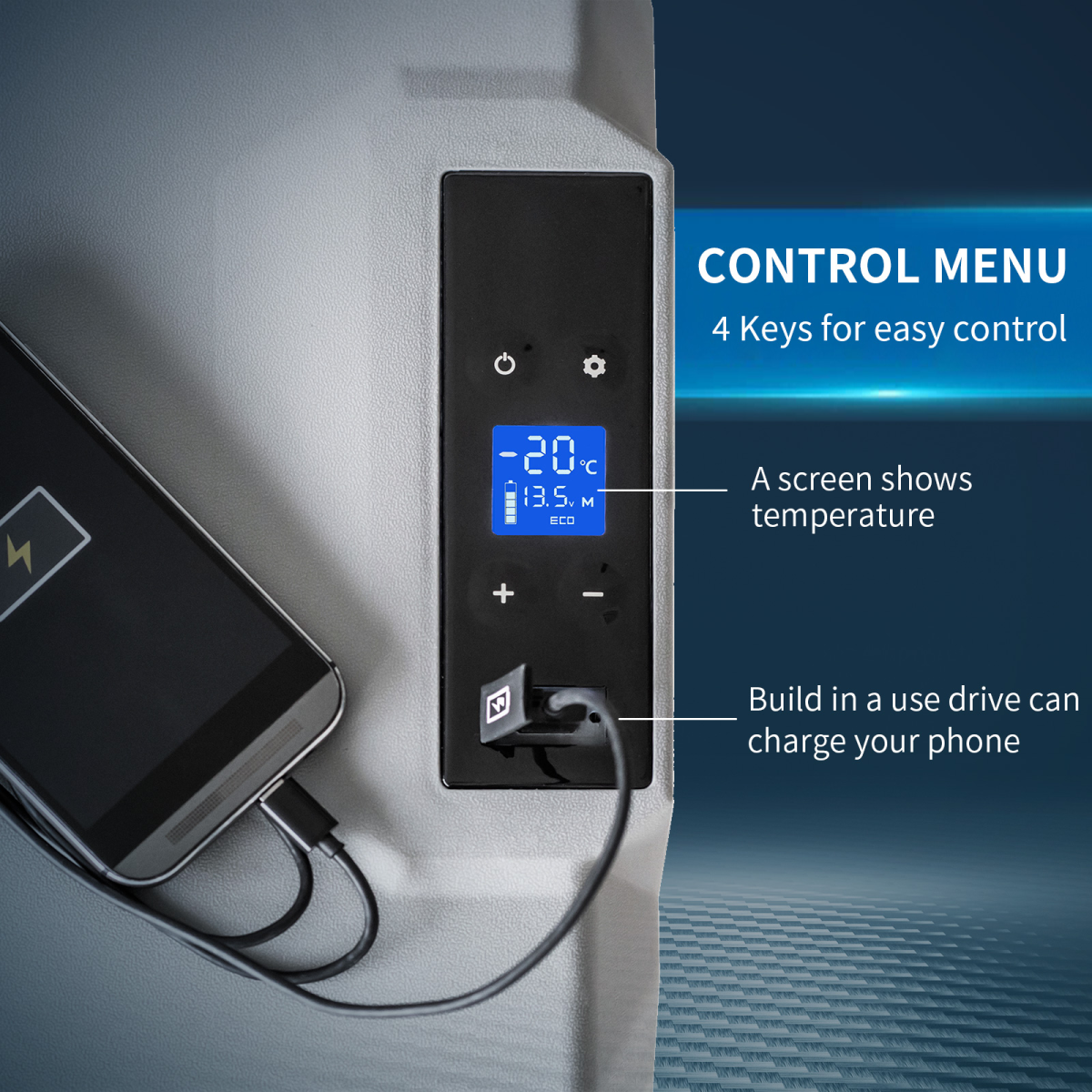 Van life fridge control panel with digital temp display and USB phone charging port